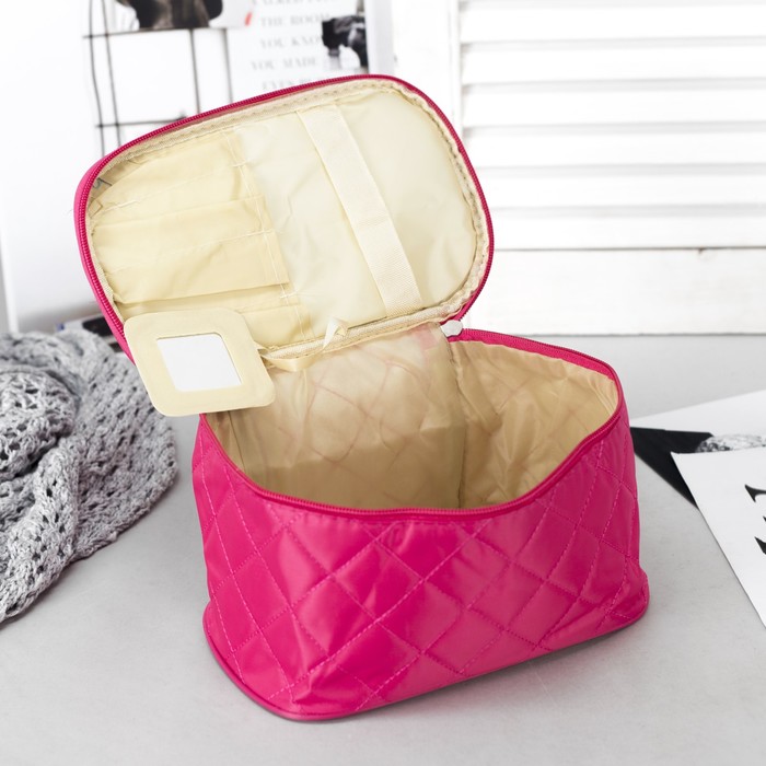 Косметичка-сундучок "Строчка", отдел на молнии, зеркало, цвет малиновый