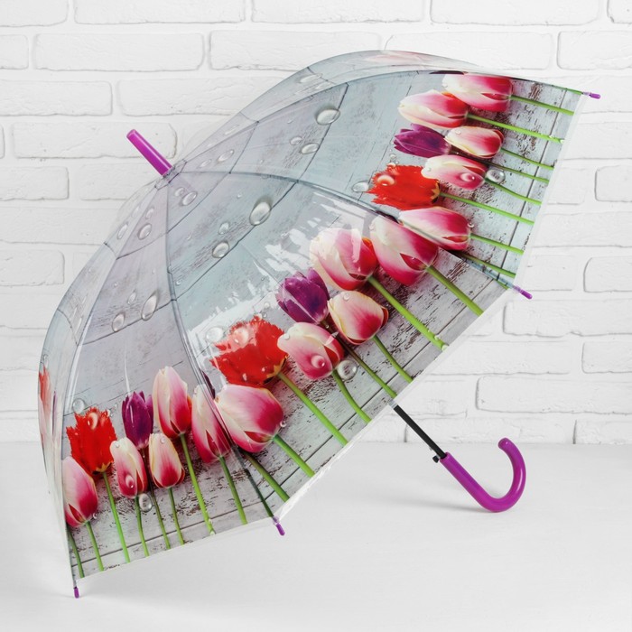 Зонт-трость "Цветы Тюльпаны", полуавтоматический, R=48см, цвет фиолетовый