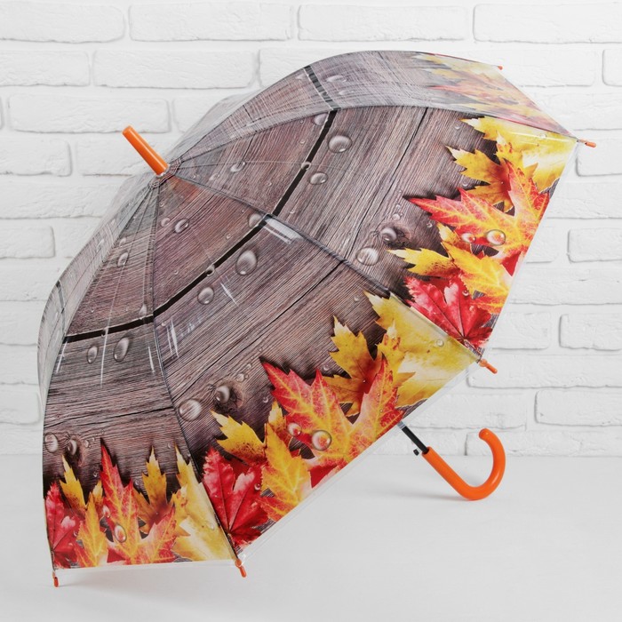 Зонт-трость "Кленовые листья", полуавтоматический, R=48см, цвет коричневый, ручка оранжевая