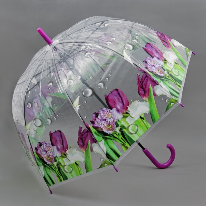 Зонт-трость "Цветы Тюльпаны", полуавтоматический, R=42см, цвет розовый/прозрачный