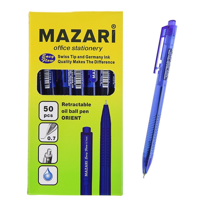 Ручка шариковая автоматическая MAZARI ORIENT, Easy Flow узел-игла 0.7мм, чернила синие на масляной основе