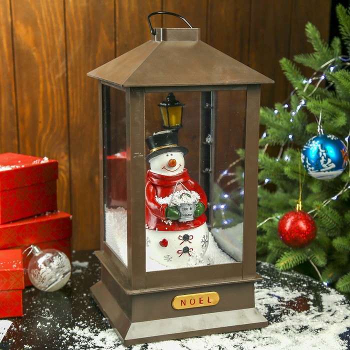 Сувенир пластик, полистоун световой "Снеговичок у фонаря" снег летает 37х18х18 см