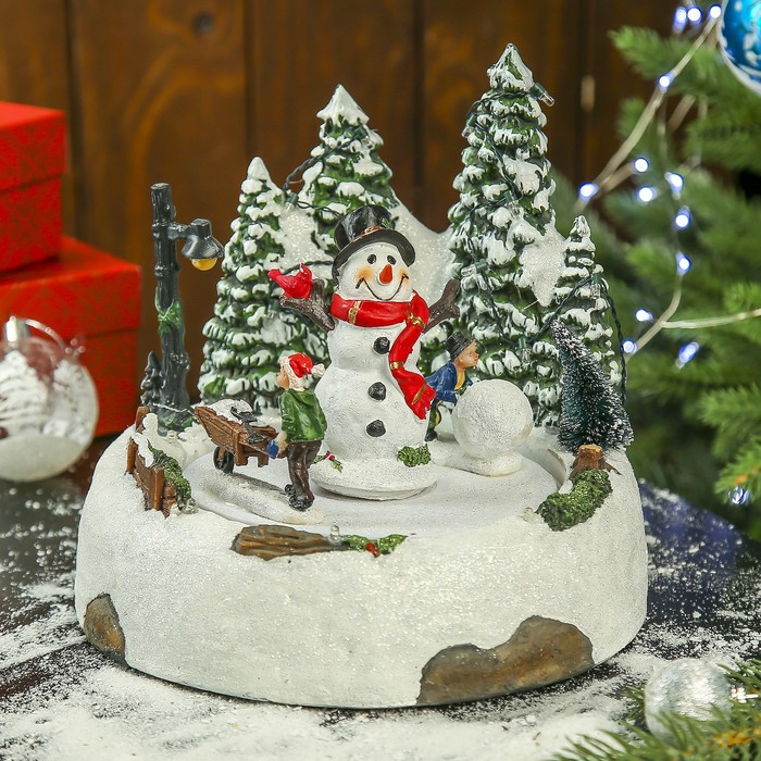 Сувенир полистоун музыкальный, световой "Лепим снеговика" вращается 19х21х21 см
