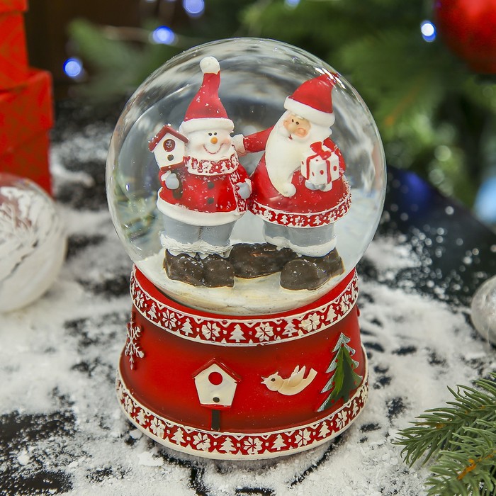 Сувенир полистоун водяной шар музыкальный "Дед Мороз и снеговик дарят подарки" 14,5х10х10см