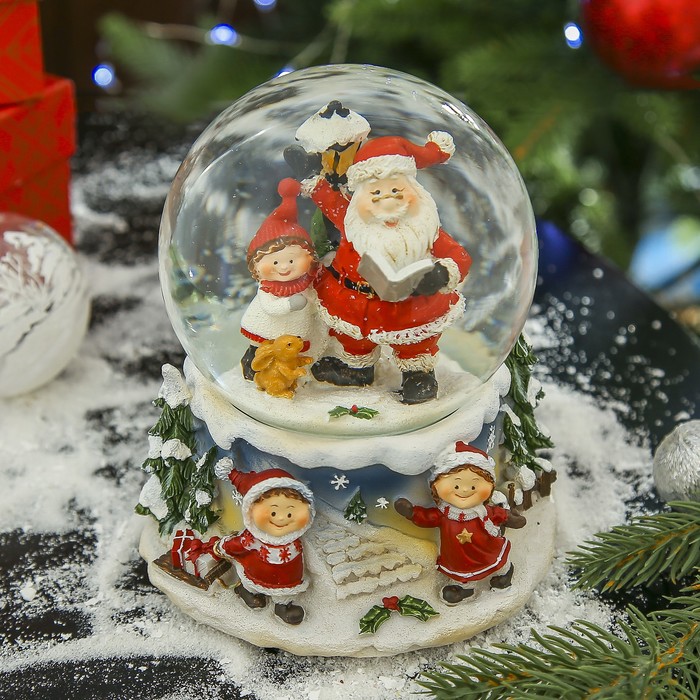 Сувенир полистоун водяной шар музыкальный "Дедушка Мороз читает книжку" 14,5х12,5х12 см