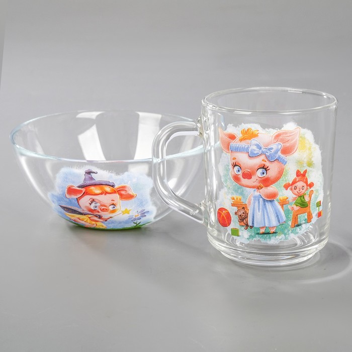 Набор для завтрака "Прикольные поросята", 2 предмета: салатник, кружка, рисунок МИКС