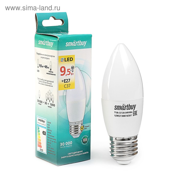 Лампа светодиодная Smartbuy, E27, C37, 9.5 Вт, 3000 К, теплый белый свет лампа светодиодная e27 20 вт 180 вт груша 3000 к свет теплый белый онлайт