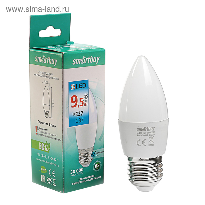 Лампа светодиодная Smartbuy, E27, C37, 9.5 Вт, 6000 К, холодный белый свет лампа светодиодная e27 10 вт 75 вт свеча на ветру 4000 к свет холодный белый tdm electric народная