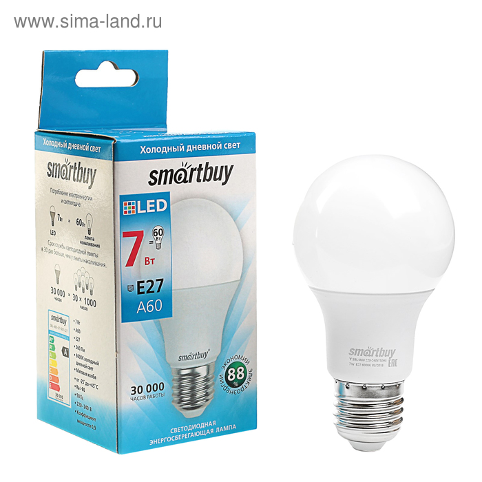 Лампа светодиодная Smartbuy, E27, А60, 7 Вт, 6000 К, холодный белый свет лампа светодиодная e27 10 вт 75 вт свеча на ветру 4000 к свет холодный белый tdm electric народная