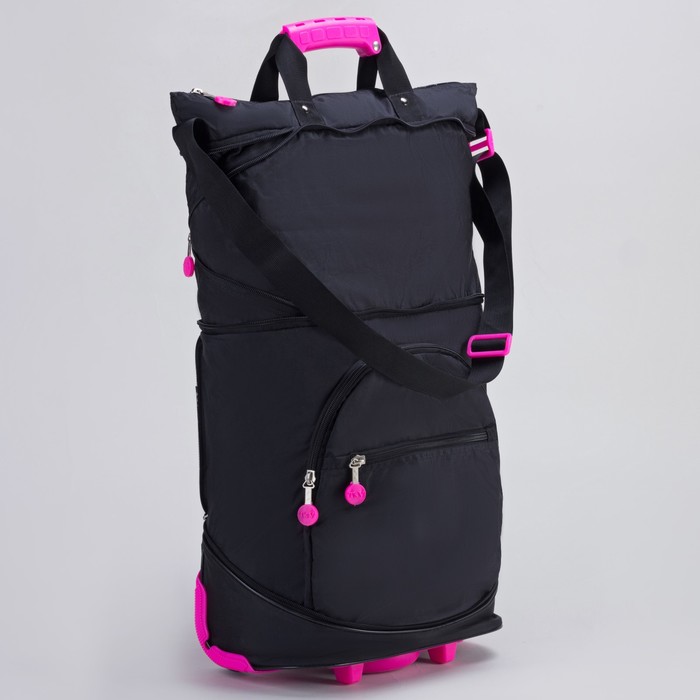 Сумка складная на колёсах, 1 отдел на молнии, 2 наружных кармана, с расширением, цвет чёрный/розовый