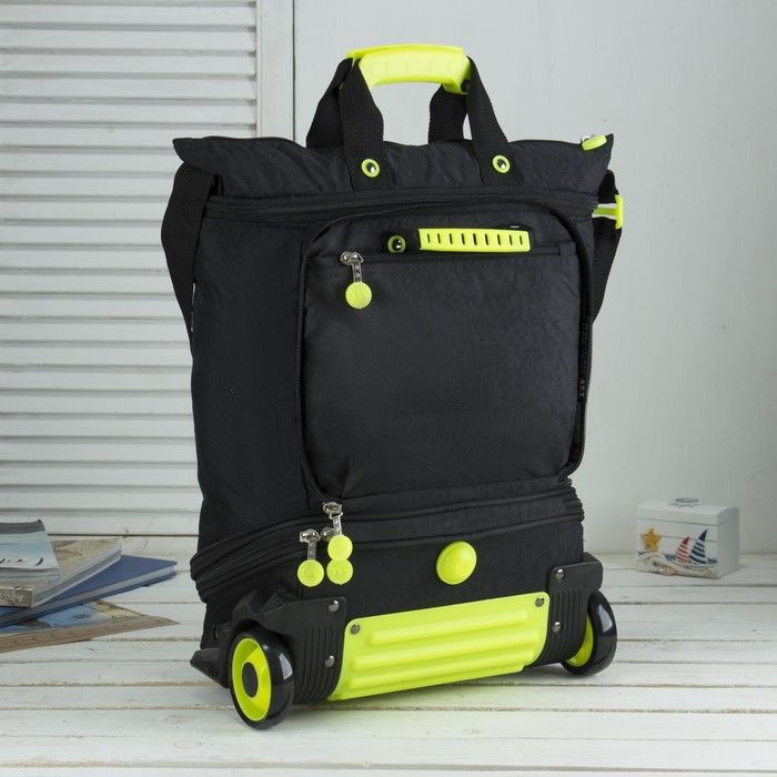 Сумка складная на колесах, 1 отдел на молнии, 2 наружных кармана, с расширением, цвет чёрный/лимонный