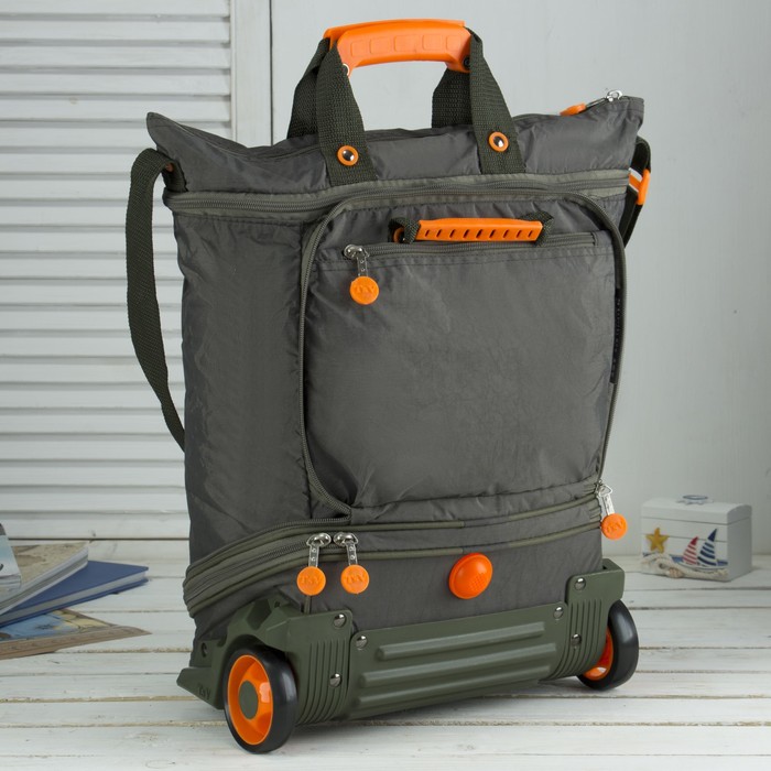 Сумка складная на колесах, 1 отдел на молнии, 2 наружных кармана, с расширением, цвет хаки/апельсиновый