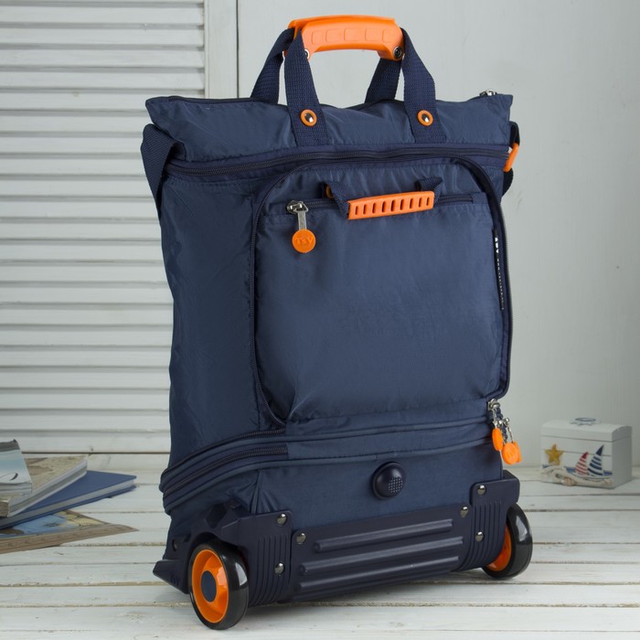 Сумка складная на колесах, 1 отдел на молнии, 2 наружных кармана, с расширением, цвет синий/апельсиновый