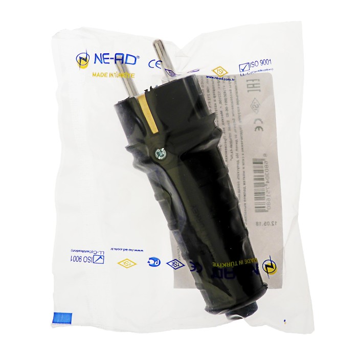 Вилка прямая NE-AD, каучук, 2P+PE, 16 А, 220-240 В, с з/к, евро, черная