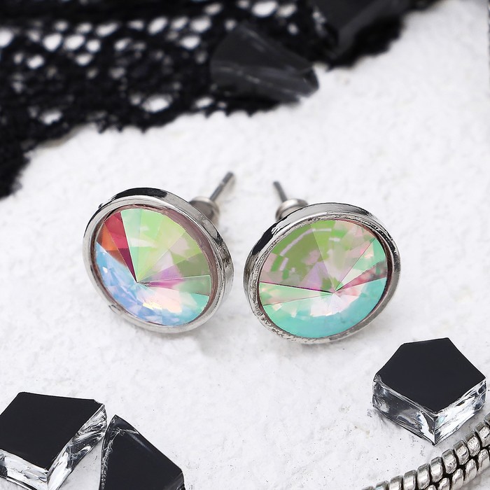 Пусеты "Яркая классика", цвет бело-радужный, серебро, d=1 см