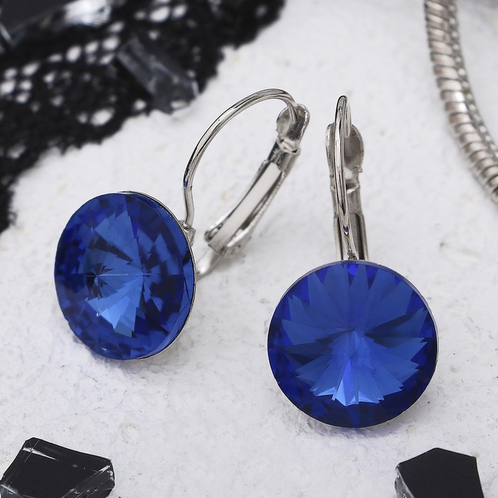 Серьги со стразами "Яркая классика", цвет ярко-синий в серебре, d=1,4 см