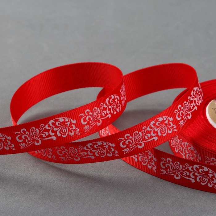 Лента репсовая "Узоры", 15мм, 22±1м, цвет красный/белый
