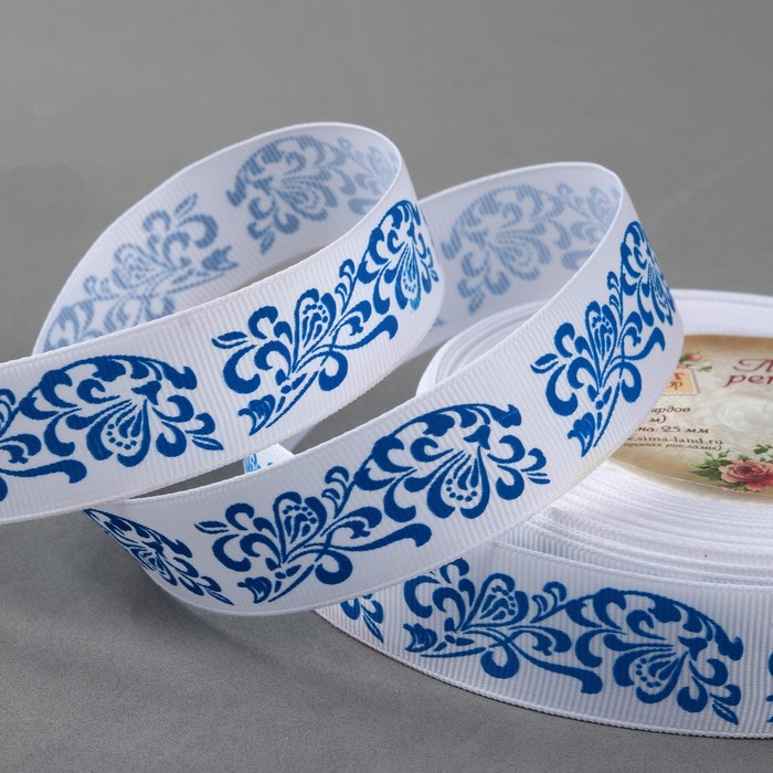 Лента репсовая "Узоры", 25мм, 22±1м, цвет белый/синий