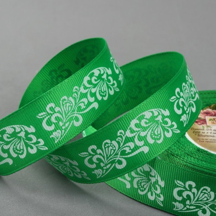 Лента репсовая "Узоры", 25мм, 22±1м, цвет зелёный/белый
