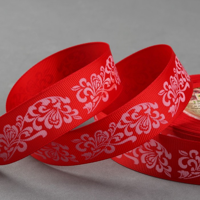 Лента репсовая "Узоры", 25мм, 22±1м, цвет красный/белый
