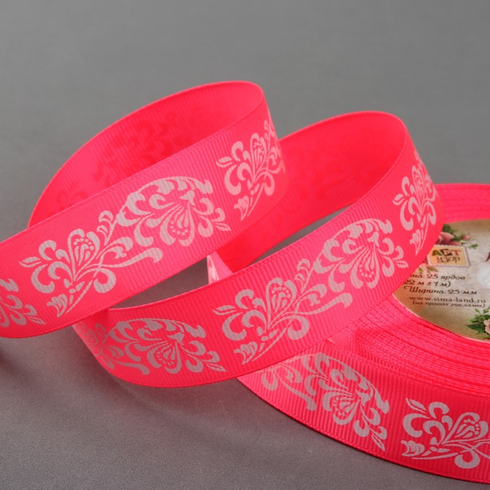 Лента репсовая "Узоры", 25мм, 22±1м, цвет розовый/белый