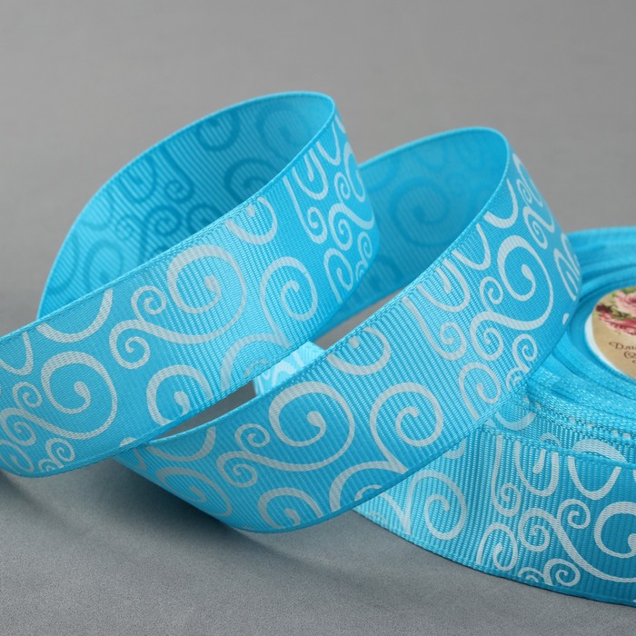 Лента репсовая "Узоры", 25мм, 22±1м, цвет голубой/белый