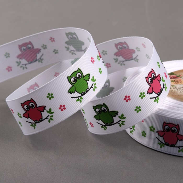 Лента репсовая "Совы", 25мм, 22±1м, цвет белый совы