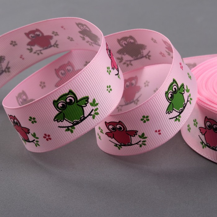 Лента репсовая "Совы", 25мм, 22±1м, цвет розовый совы