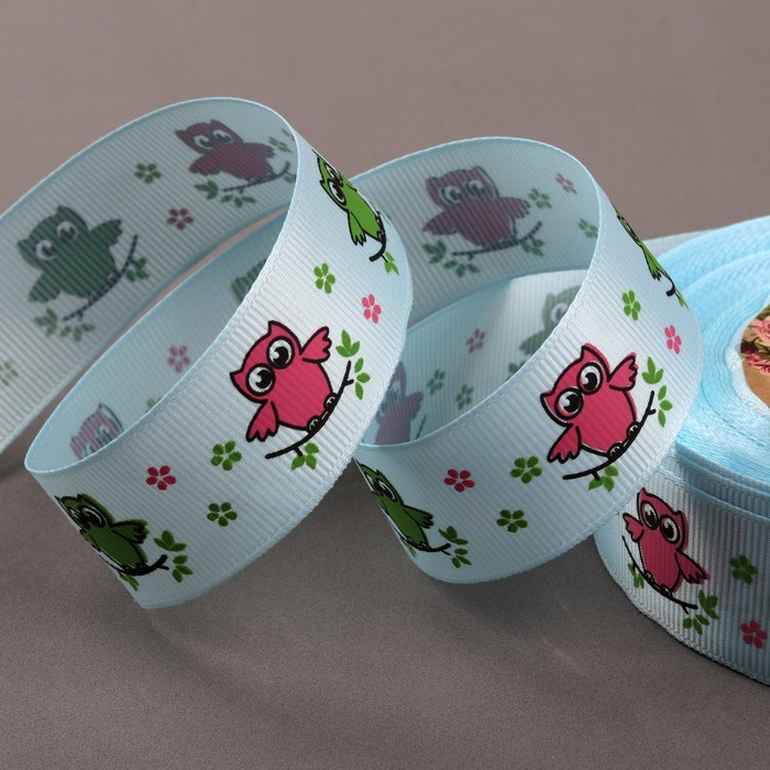 Лента репсовая "Совы", 25мм, 22±1м, цвет голубой совы