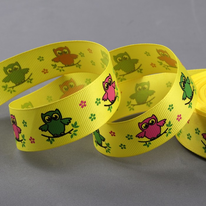 Лента репсовая "Совы", 25мм, 22±1м, цвет жёлтый совы