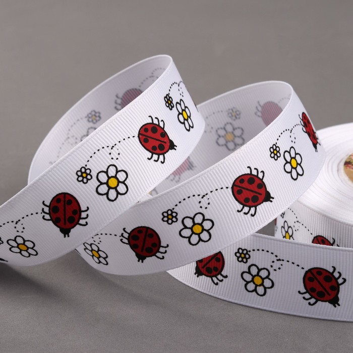 Лента репсовая "Божьи коровки", 25мм, 22±1м, цвет белый
