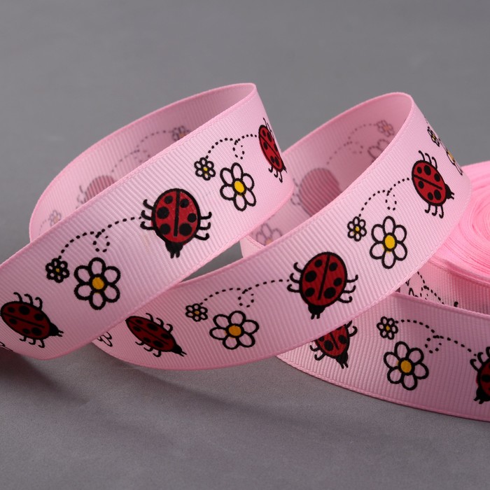 Лента репсовая "Божьи коровки", 25мм, 22±1м, цвет розовый