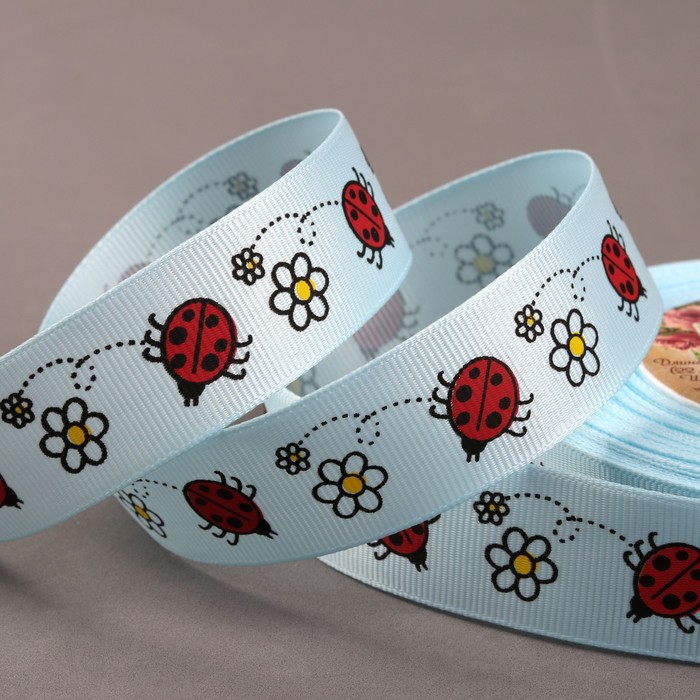 Лента репсовая "Божьи коровки", 25мм, 22±1м, цвет голубой