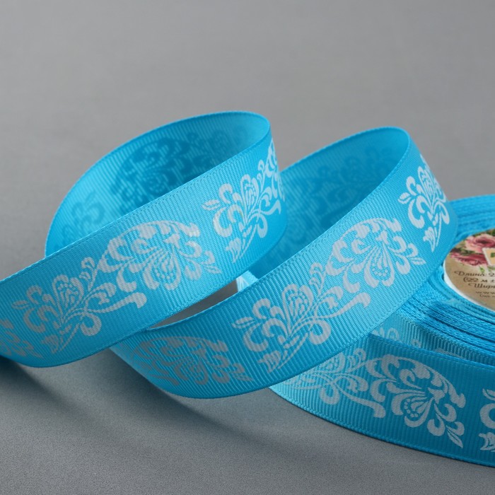 Лента репсовая "Узоры", 25мм, 22±1м, цвет голубой/белый