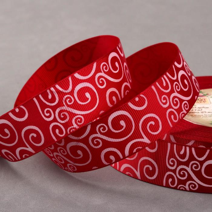 Лента репсовая "Узоры", 25мм, 22±1м, цвет бордовый/белый