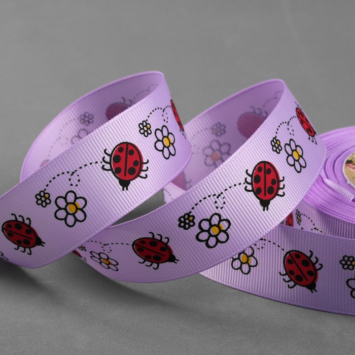 Лента репсовая "Божьи коровки", 25мм, 22±1м, цвет сиреневый