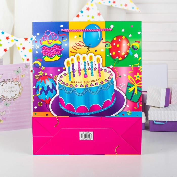 Пакет подарочный "С Днём Рождения", люкс, 26 х 10 х 32 см