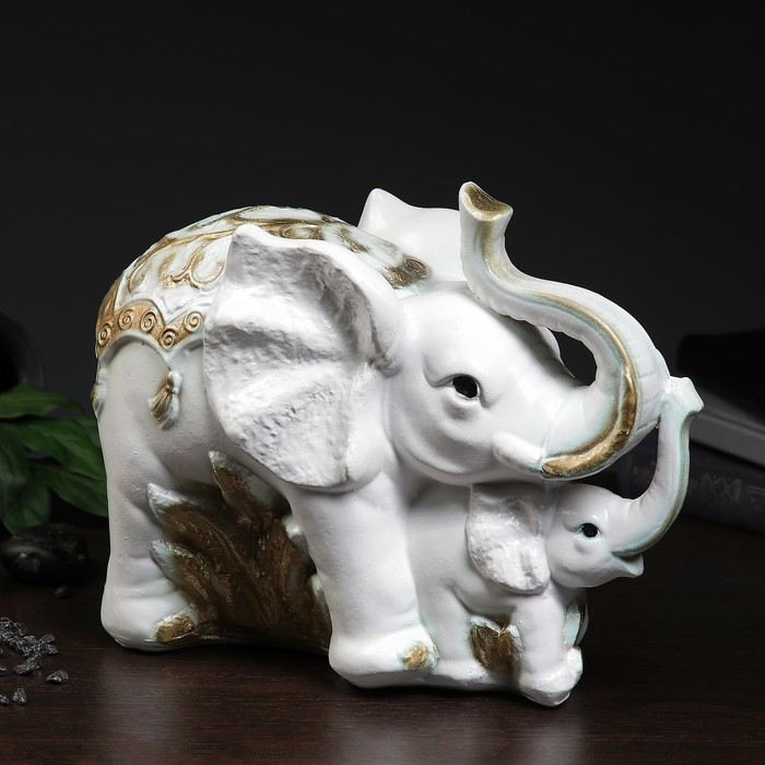 Статуэтка "Слон со слонёнком средний" 16х33х25см бело-золотой