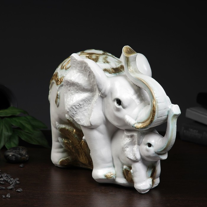 Статуэтка "Слон со слонёнком средний" 16х33х25см бело-золотой