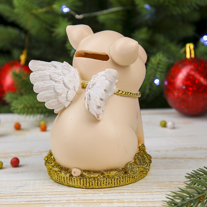 Копилка полистоун "Поросёнок-ангелок на золотой монете" 12х9,8х8,8 см