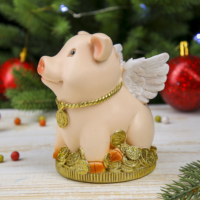 Копилка полистоун "Поросёнок-ангелок на золотой монете" 12х9,8х8,8 см