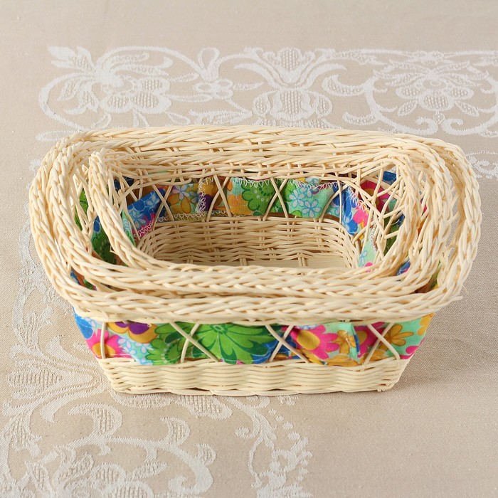 Набор хлебниц, 3 шт, 27×17×8/10 см, 18×14×6/8 см, 15×11×4/6 см, ротанг, ткань