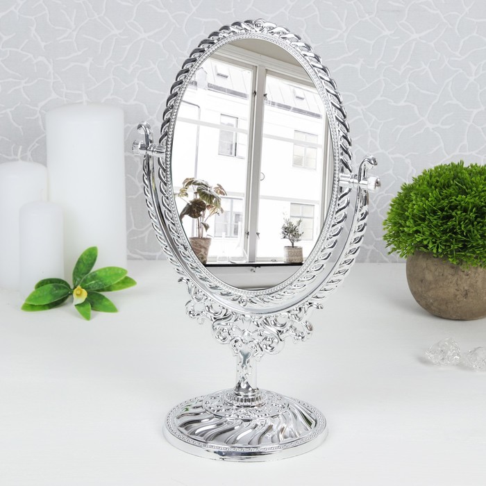 Зеркало на ножке «Ажур», овальное, двустороннее, с двукратным увеличением, цвет серебряный