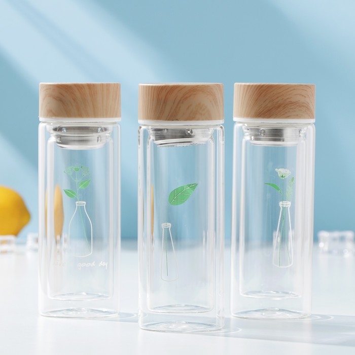 Бутылка двойное стекло 300 мл "Воздушность", с ситом, рисунок МИКС