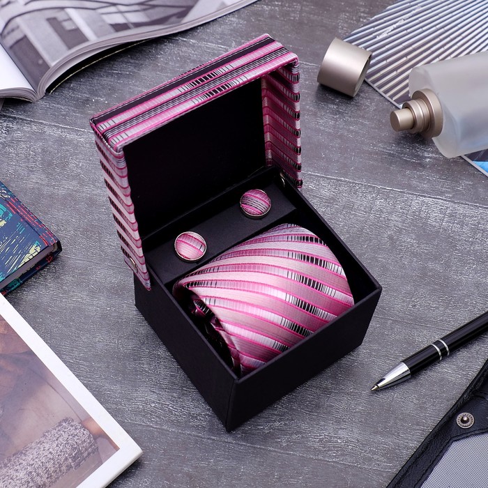 Набор мужской "Стиль" галстук 145*5см, запонки, полосы узкие, цвет розово-серый