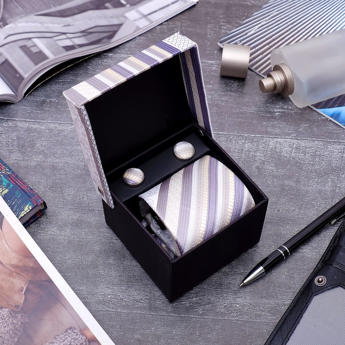 Набор мужской "Стиль" галстук 145*5см, запонки, полоски, цвет бежево-серый