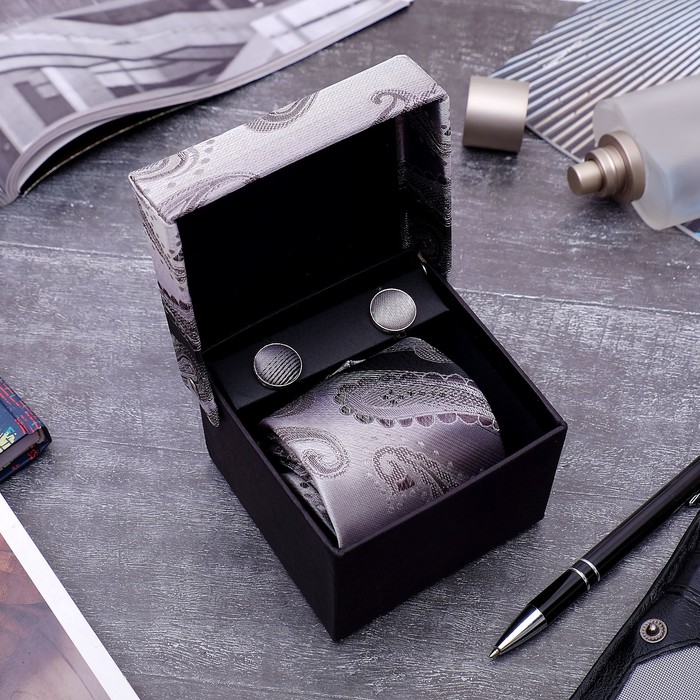 Набор мужской "Стиль" галстук 145*5см, запонки, турецкий огурец, цвет серый