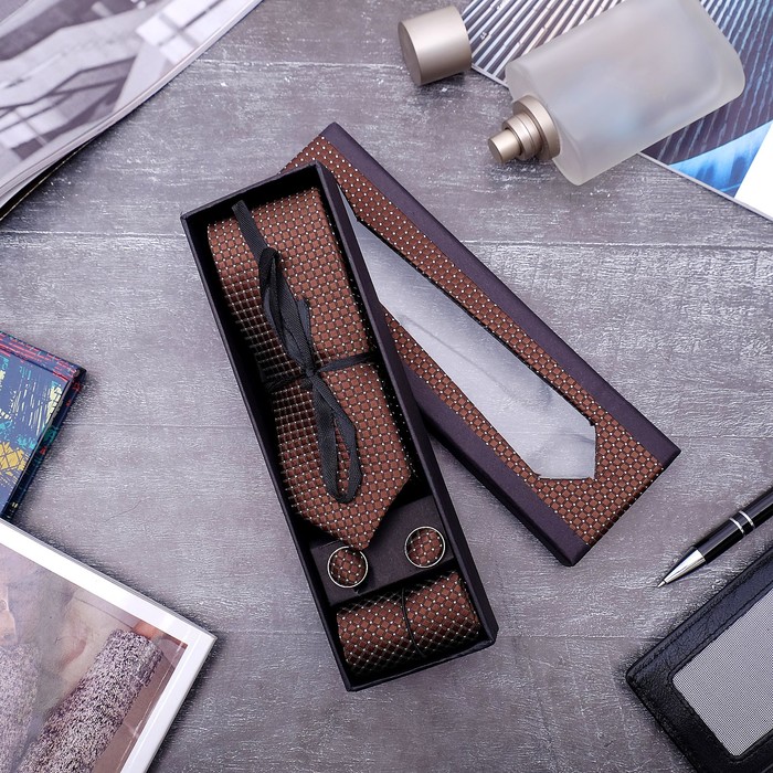 Набор мужской "Элит" галстук 145*5см, платок, запонки, клетка мелкая, цвет коричневый