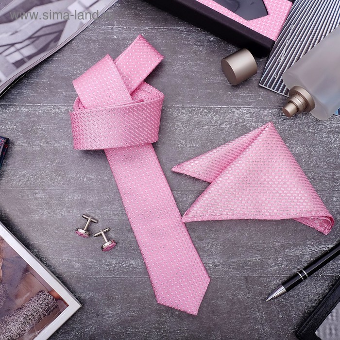 фото Набор мужской "элит" галстук 145*5см самовяз, платок, запонки, клетка мелкая, цвет розовый