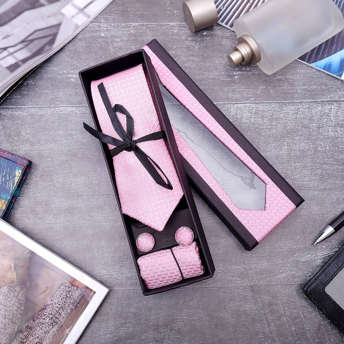 Набор мужской "Элит" галстук 145*5см, платок, запонки, клетка мелкая, цвет розовый